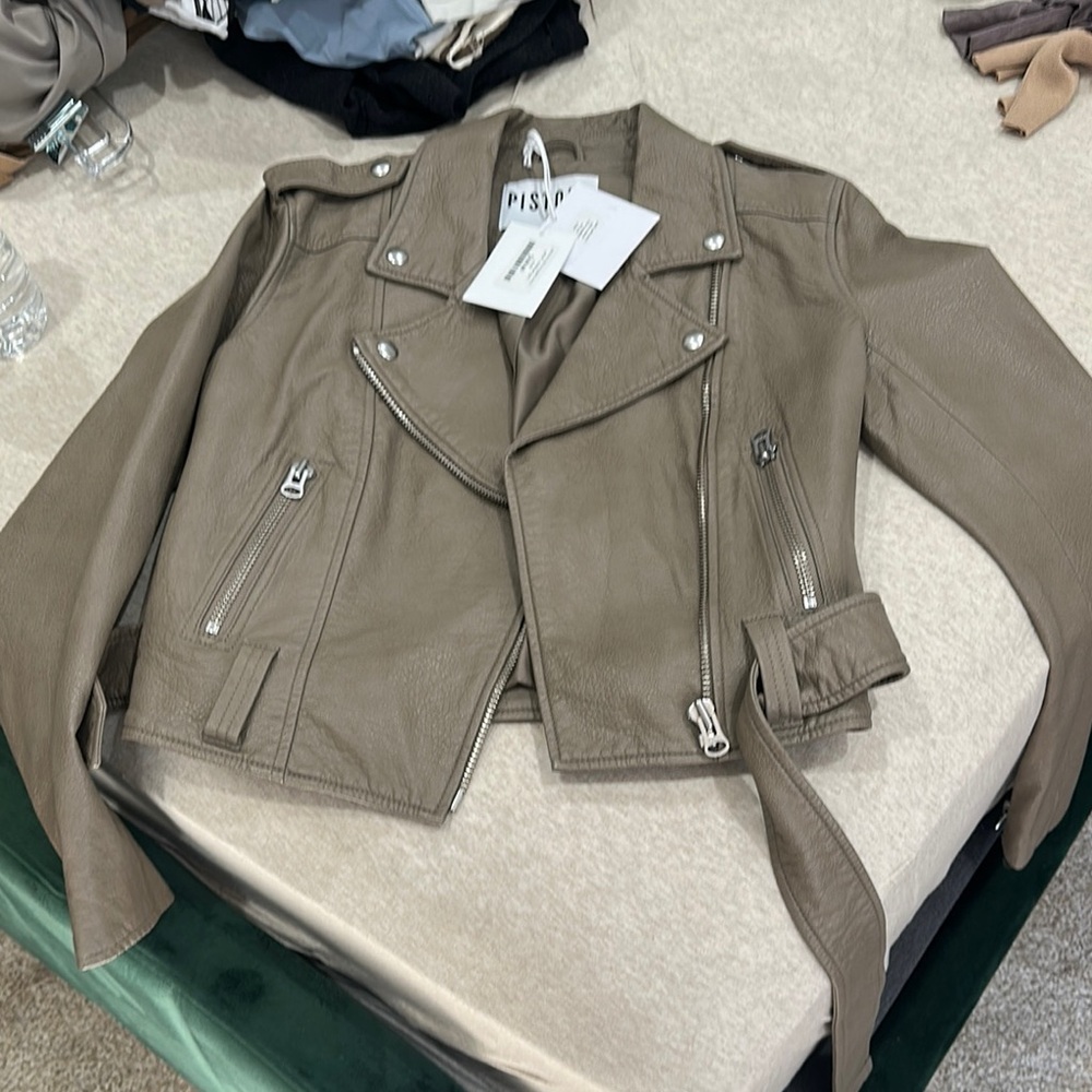 Pistola Tan Leather Moto Jacket Asymmetrical Design